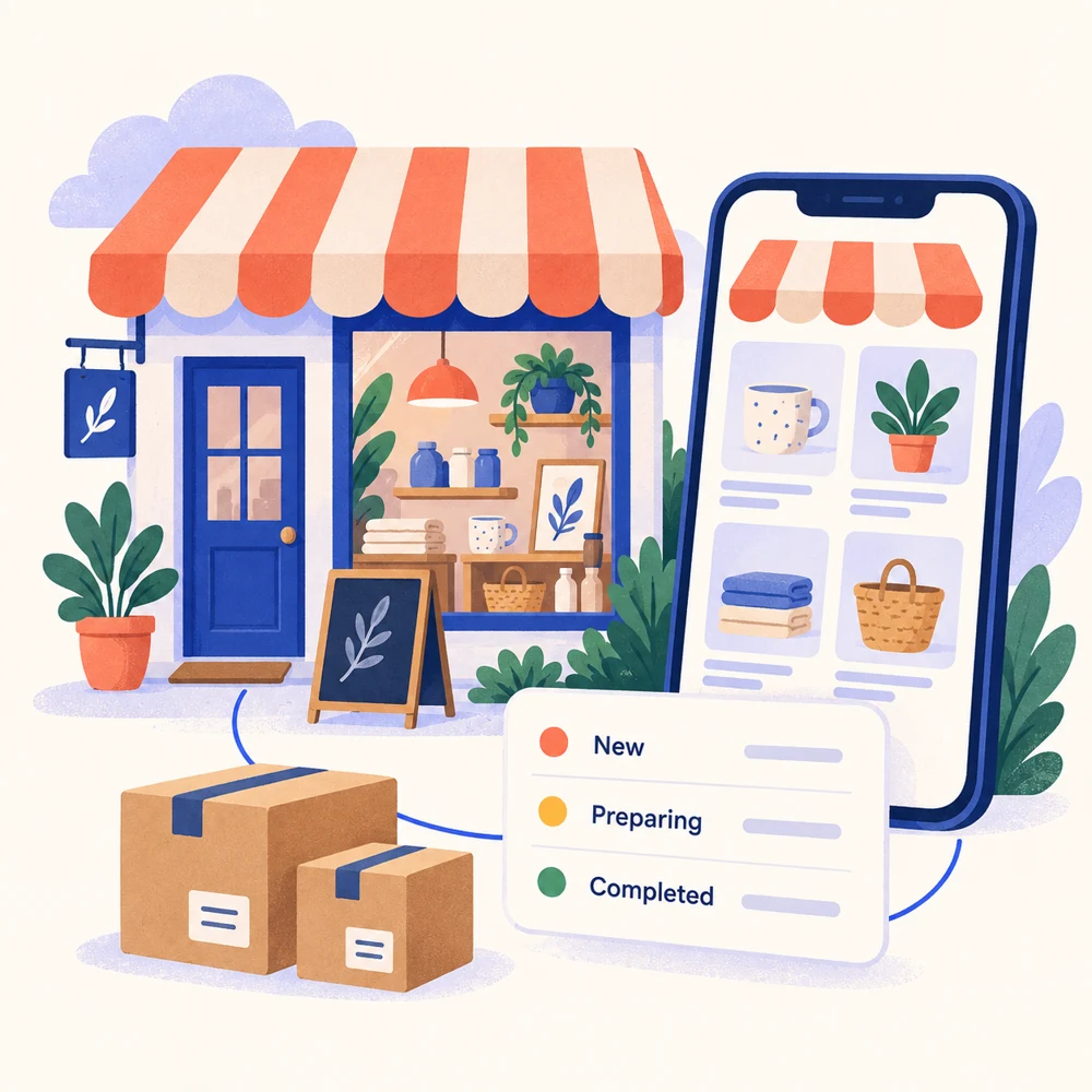 A small shop connected to its online product catalog and an order list showing New, Preparing, and Completed
